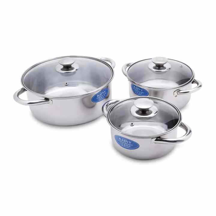 Bộ 3 nồi cao cấp 3 đáy Rainy nắp kính 18, 20 và 24 cm