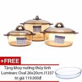 Bộ 3 nồi thủy tinh Pháp Luminarc Vitro Amberline 1L/2L/3L LR2040 + Tặng khay lò nướng oval Luminarc J1337