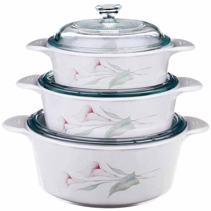 Bộ 3 nồi thuỷ tinh tròn Corningware P-360-LV (Trắng hoa văn)