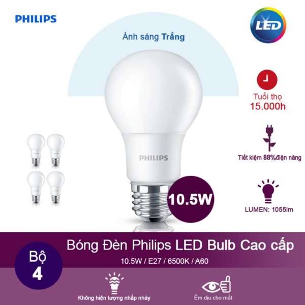 (Bộ 4) Bóng đèn Philips LEDBulb 10.5W 6500K đuôi E27 230V A60 - Ánh sáng trắng