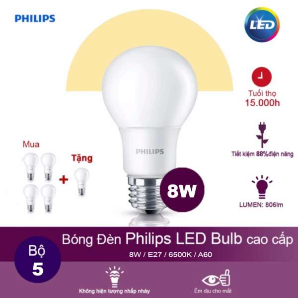 (Bộ 5 bóng) Bóng đèn Philips LEDBulb 8W 6500K đuôi E27 230V A60 - Ánh sáng trắng