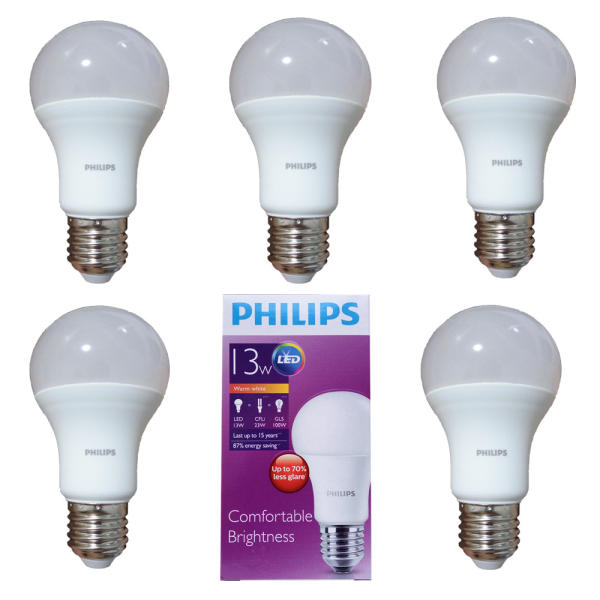 Bộ 5 Bóng đèn Philips Ledbulb 13W E27 3000K 230V A60 Ánh sáng( vàng) (Hãng phân phối chính hãng)