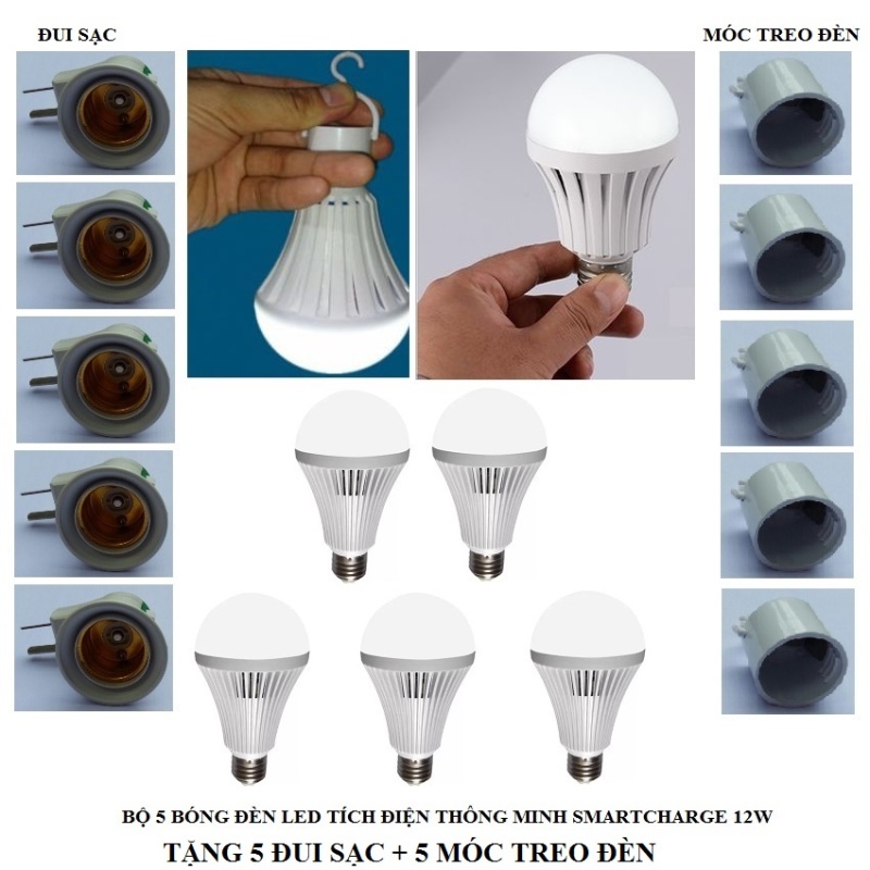 Bộ 5 bóng đèn tích điện thông minh SMARTCHARGE 12W (Ánh sáng trắng) tặng đui sạc + móc treo đèn