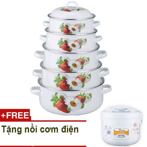 Bộ 5 nồi tráng men cao cấp Mishio MK5G + Tặng nồi cơm điện