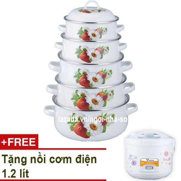 Bộ 5 Nồi Tráng Men Cao Cấp Mishio + Tặng nồi cơm điện