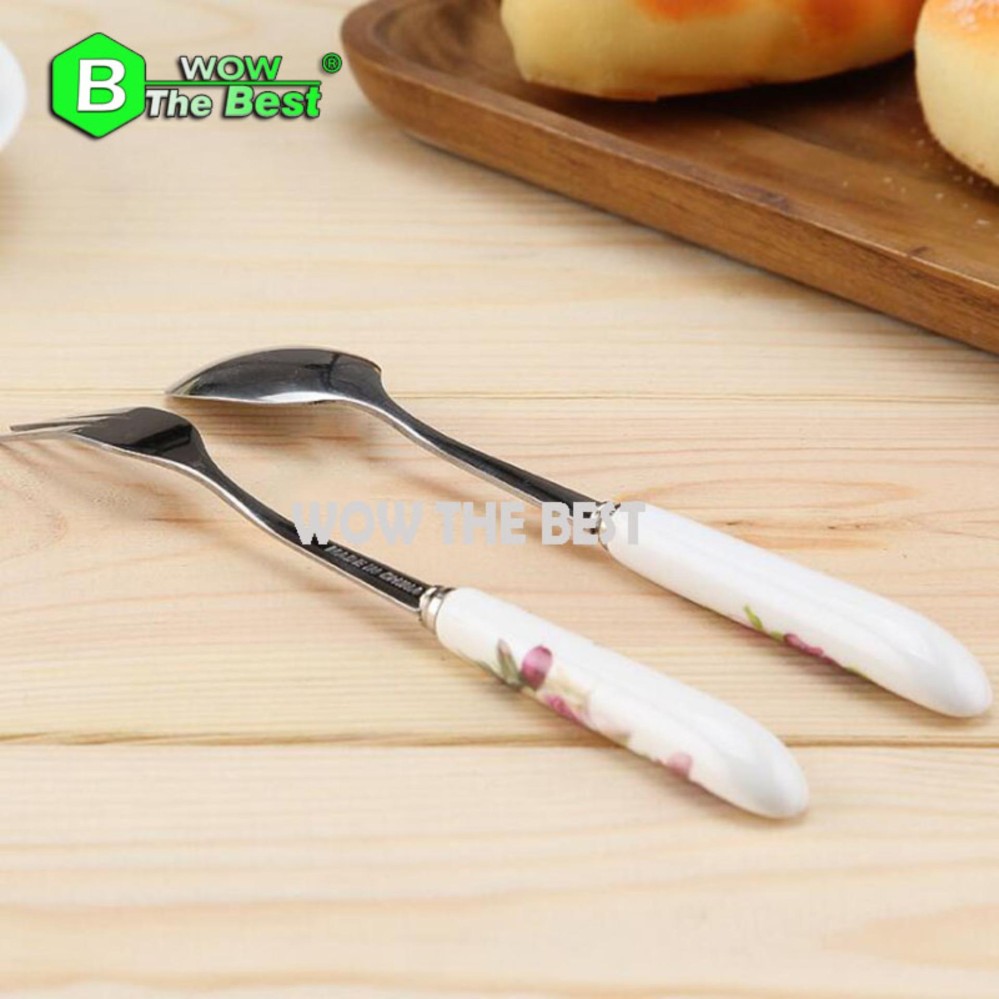 Bộ 6 Thìa + 6 Dĩa inox chuôi sứ cao cấp