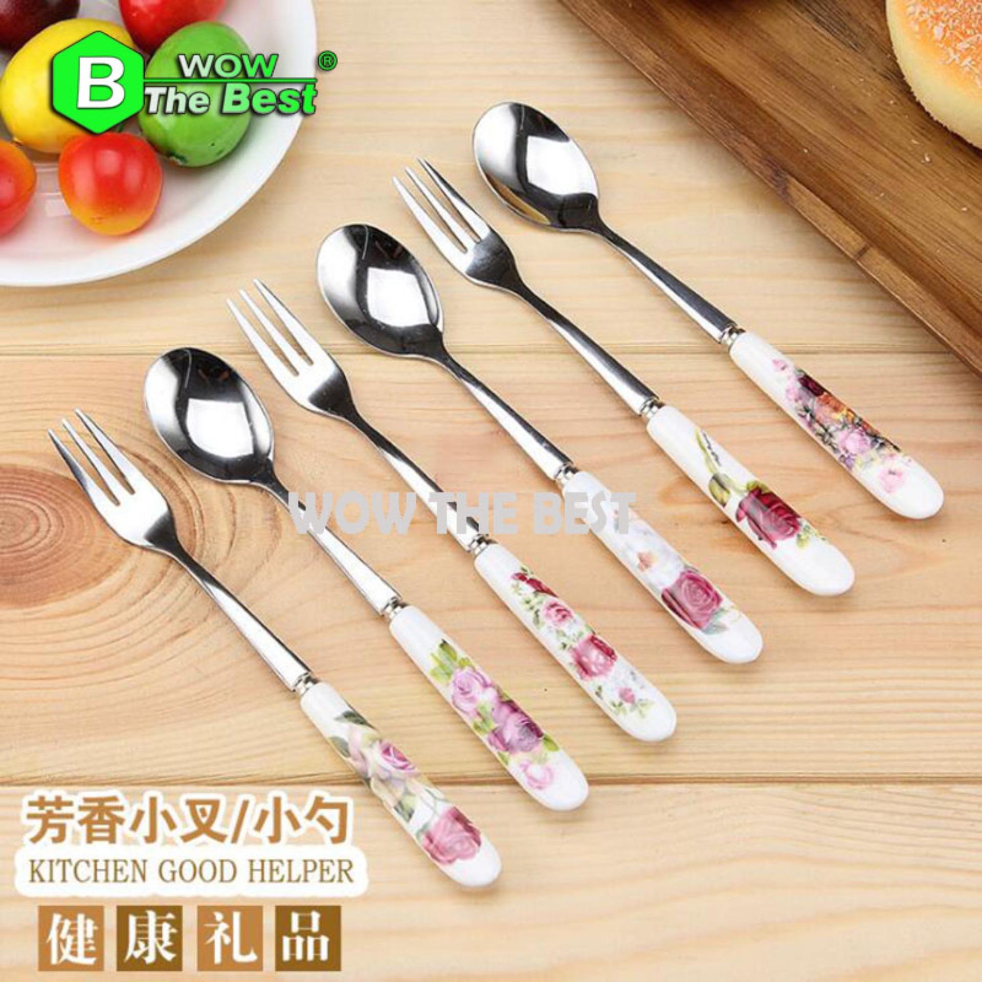 Bộ 6 Thìa + 6 Dĩa inox chuôi sứ cao cấp