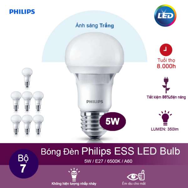 (Bộ 7) Bóng đèn Philips ESS LEDBulb 5W 6500K đuôi E27 230V A60 - Ánh sáng trắng