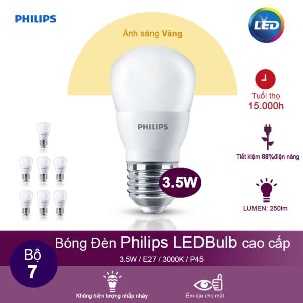 (Bộ 7) Bóng đèn Philips LEDBulb 3.5W 3000K đuôi E27 230V P45 - Ánh sáng vàng