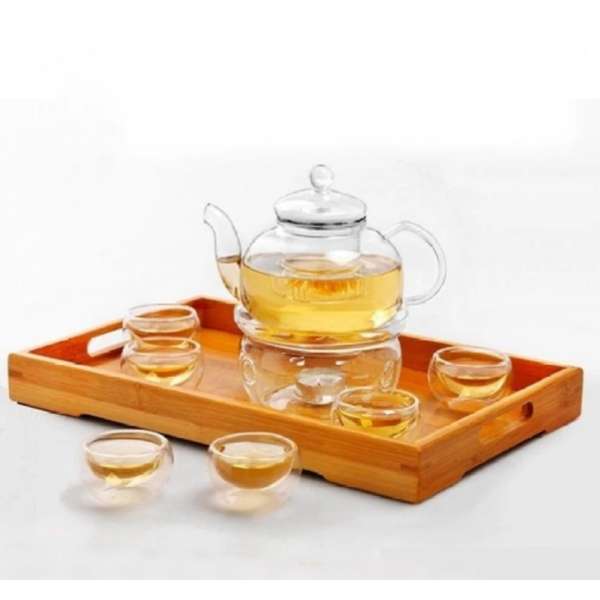 Bộ ấm chén pha trà thủy tinh chịu nhiệt đế tròn và khay trà