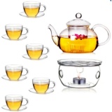 Bộ ấm chén pha trà thủy tinh, đế nến tròn và 6 chén có quai với đĩa lót - 09