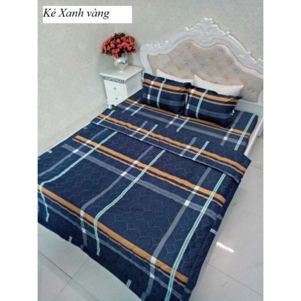 Bộ chăn ga gối poly cotton kẻ xanh vàng m6/m8