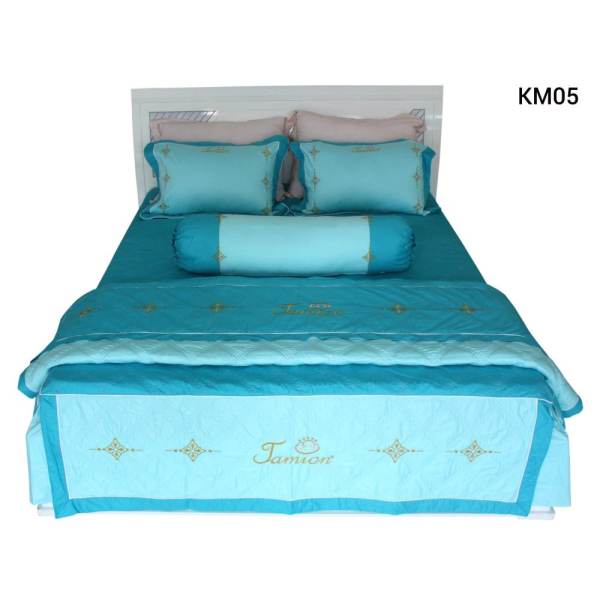 Bộ chăn ra gối bọc Cotton thêu Jamion KM05 180x200 (Xanh)