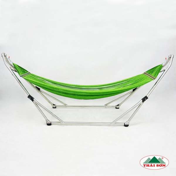 Bộ Khung Võng Xếp Thái Sơn Ống Tròn - Đầu Cong Relax (Chất Liệu Inox) + Võng Lưới Xanh Lá