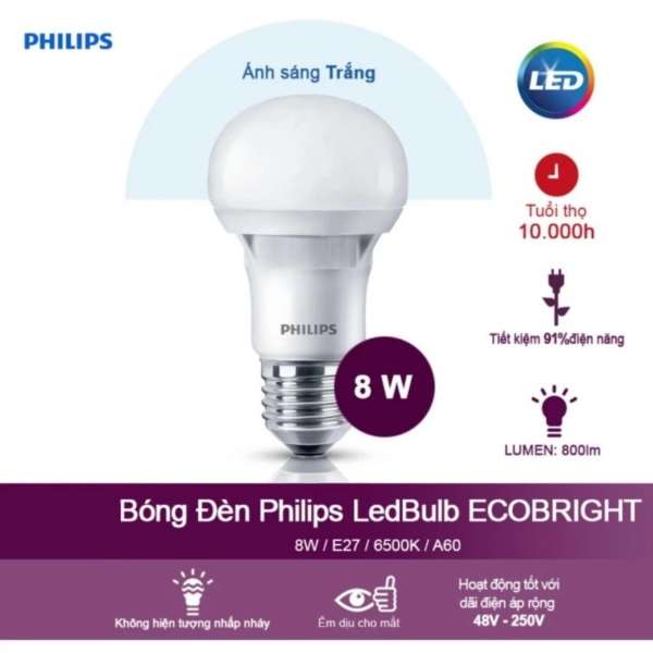 Bóng đèn Philips Ecobright LEDBulb 8W 6500K đuôi E27 A60 - Ánh sáng trắng
