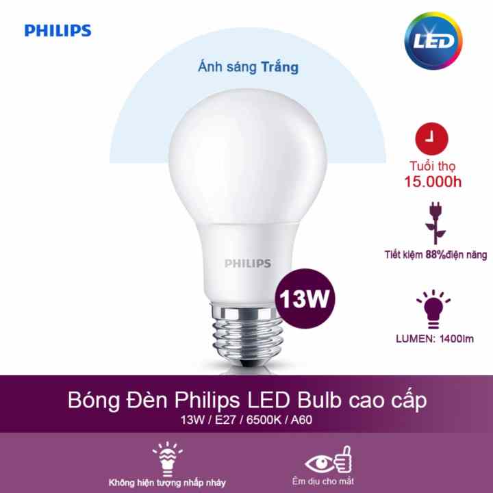 Bóng đèn Philips LEDBulb 13W 6500K đuôi E27 230V A60 - Ánh sáng trắng