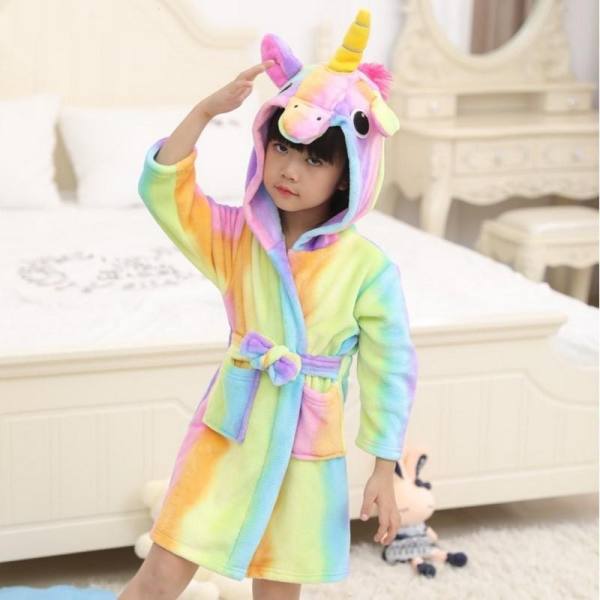 Boys Girls Rainbow Unicorn Hooded Robe Children Flannel Cartoon Bathrobes Dressing Gown Kids Sleepwear - intl