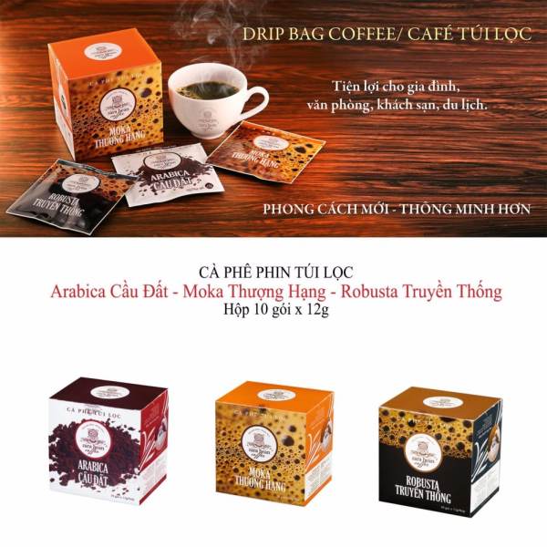 Cà Phê túi lọc Robusta + Cà Phê túi lọc Arabica và Cà Phê túi lọc Moka ( 3 hộp x 120g + 10 gói x 12g)