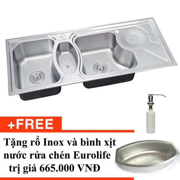  Chậu rửa chén Inox 3 hộc Eurolife C10 +Tặng rổ inox Eurolife + Bình xịt nước rửa chén