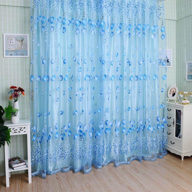 【Crystalawaking】Chic Room Tulip Flower Sheer Curtain Blue (Intl)