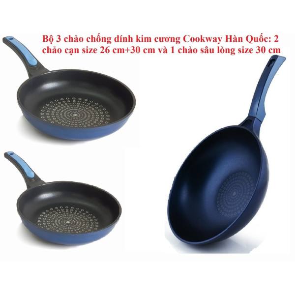 COMBO 3 Chảo kim cương gồm 1 chảo đá cạn size 26cm + 1 đá cạn size 30cm + 1 Chảo sâu kim cương 30cm hãng CookWay nhập khẩu Hàn Quốc