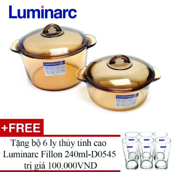 Combo 2 nồi thủy tinh Luminarc Vitro Amberline 1.5L/3L LR2050 (Vàng) + Tặng bộ 6 ly Luminarc Fillon 240ml