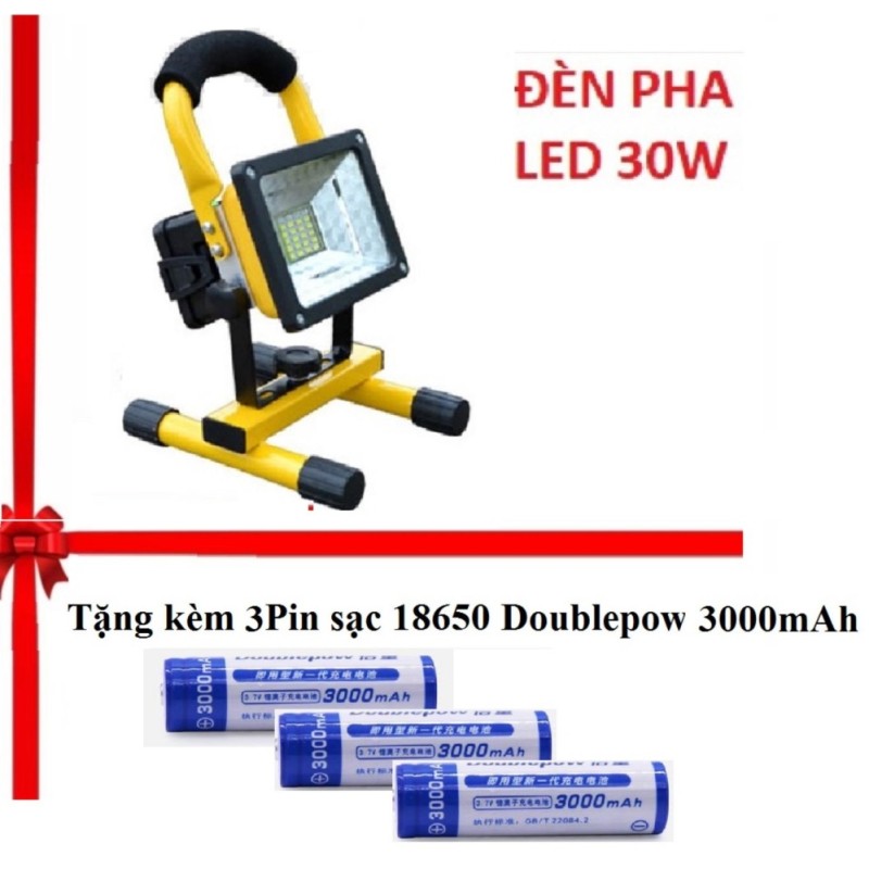 Bảng giá Combo Đèn pha LED đa năng siêu tiết kiệm điện 30W chống nước IP65 TẶNG 3Pin sạc Doublepow 18650 3000mAh- (Vàng - đen)