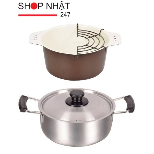 Combo Nồi chiên, rán kèm khay hứng tráng men + Nồi inox cao cấp 22cm (Dùng mọi loại bếp) hàng nhập khẩu Nhật Bản