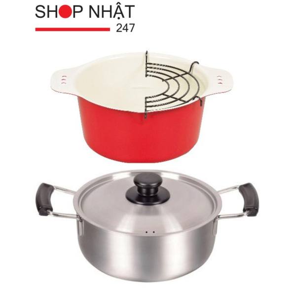 Combo Nồi chiên, rán kèm khay hứng tráng men + Nồi inox cao cấp (Dùng mọi loại bếp) hàng nhập khẩu Nhật Bản