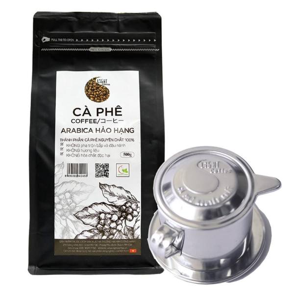 Combo phin pha cà phê inox cao cấp và cà phê hạt nguyên chất 100% Arabica hảo hạng Light Coffee 500gr
