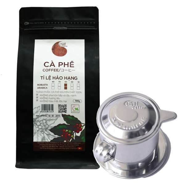Combo phin pha cafe inox cao cấp và cà phê bột nguyên chất 100% (50% Robusta và 50% Arabica) Light Coffee 500gr