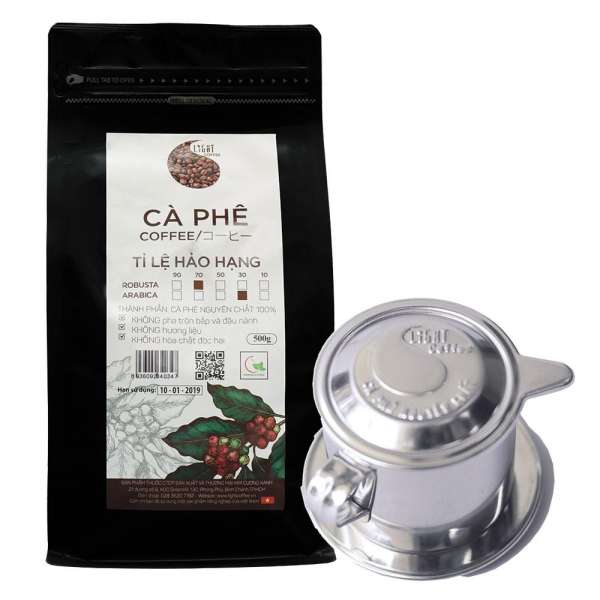 Combo phin pha cafe inox cao cấp và cà phê hạt nguyên chất 100% (70% Robusta và 30% Arabica) Light Coffee 500gr