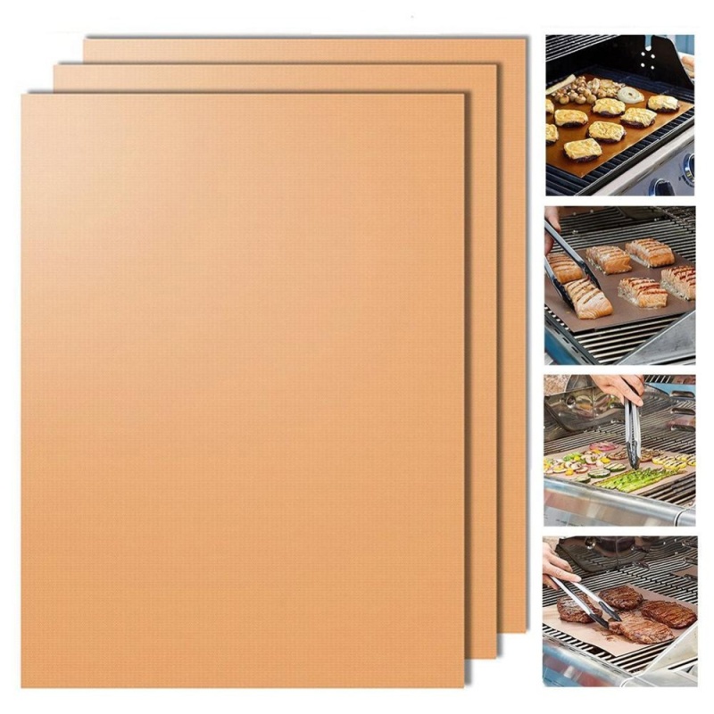Copper Grill Mat Set of 3 Non-stick BBQ Grill & Baking Mats Golden Grill Mats & Bake Mats Reusable & Easy to Clean - grill mat serve kitchen & Outdoor - intl