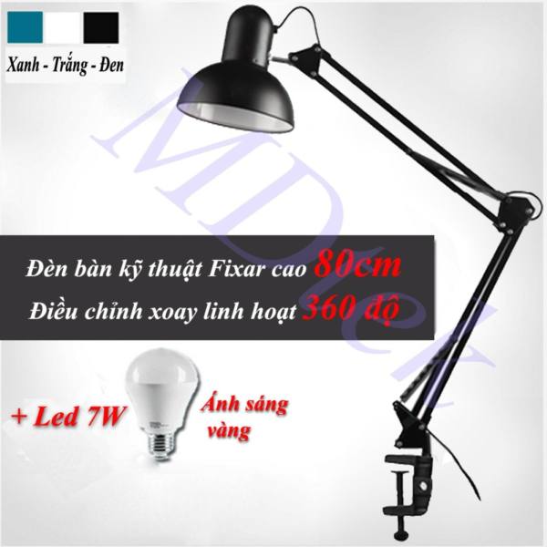 Đèn bàn kỹ thuật PIXAR học tập, làm việc (Chao lớn, thân dài) (Xanh) + tặng bóng led 7W Vàng