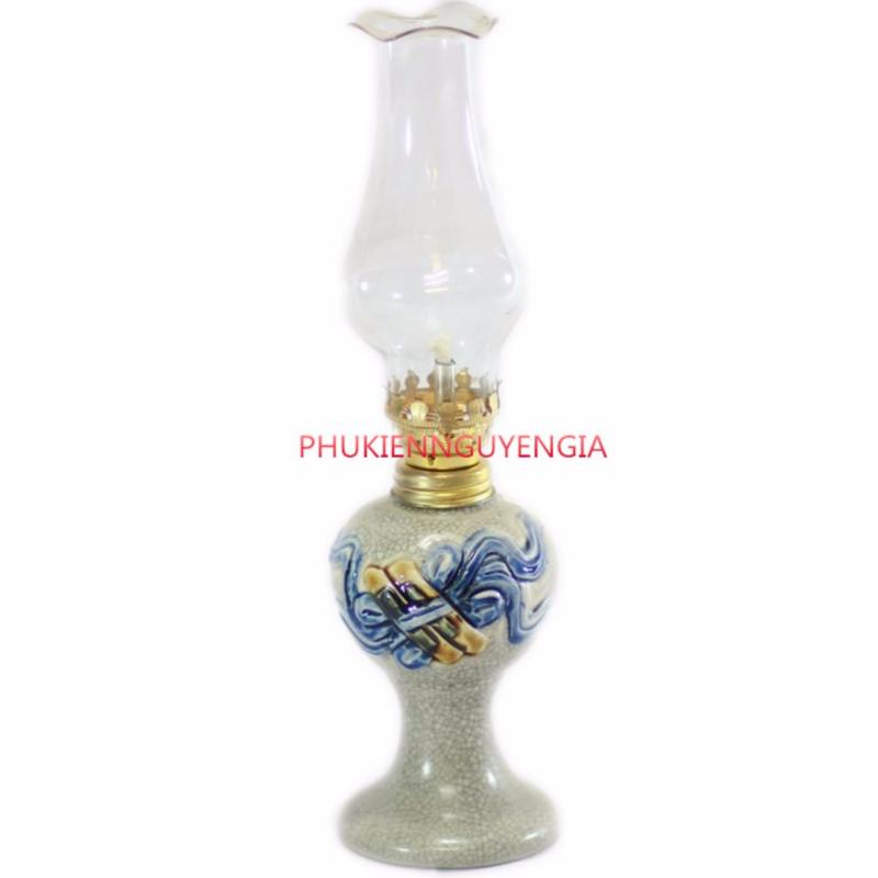 Đèn dầu thờ hàng gốm sứ Bát Tràng - họa tiết cuốn thư nổi - men rạn cổ - cao 25 cm