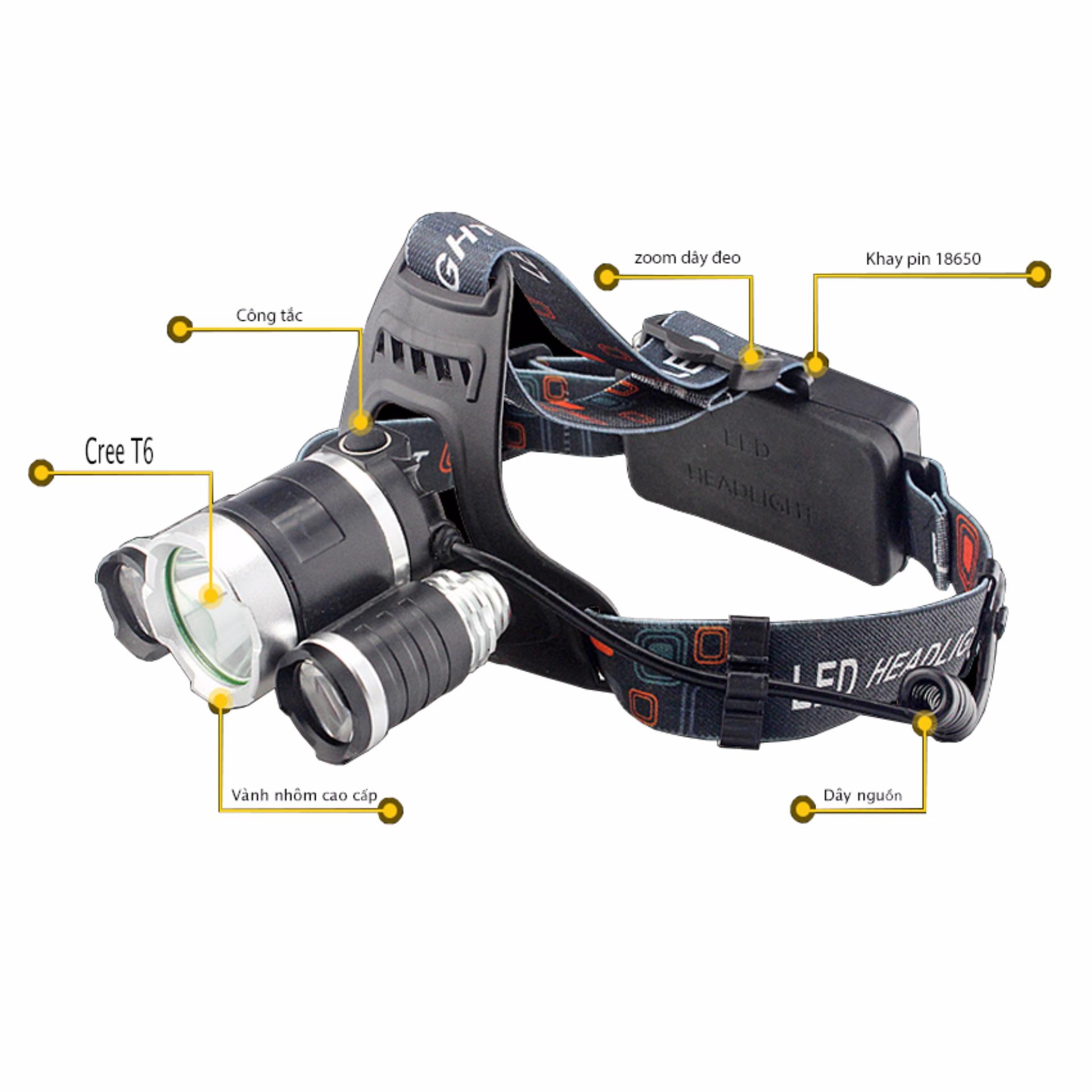(CHUẨN) Đèn pin đội đầu 3 bóng ánh sáng trắng [dùng 2 pin 18650]