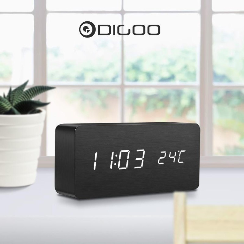 Digoo DG-AC2 Gỗ Thoại Điều Khiển ĐÈN LED Đồng Hồ Báo Thức Kỹ Thuật Số Cảm Biến Nhiệt Độ Đồng Hồ Để Bàn 3 Chế Độ Đa Chức Năng Màn Hình Hẹn Giờ Đen- quốc tế bán chạy