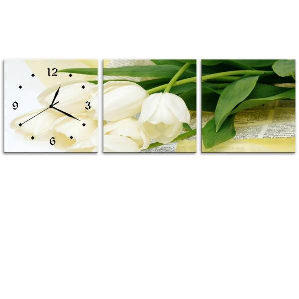 Đồng hồ tranh Tulip trắng Vicdecor DHT0090 (30cm x 30cm x 0,9cm x 3 tấm)