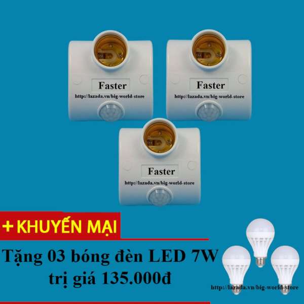 Đui đèn cảm ứng chuyển động cao cấp Faster 3 chiếc (Trắng) + Tặng 3 bóng đèn LED 7W