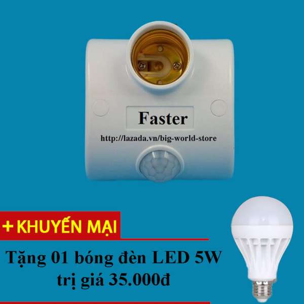 Đui đèn cảm ứng mắt thần Faster (Trắng) + Tặng bóng đèn LED 5W Siêu Sáng