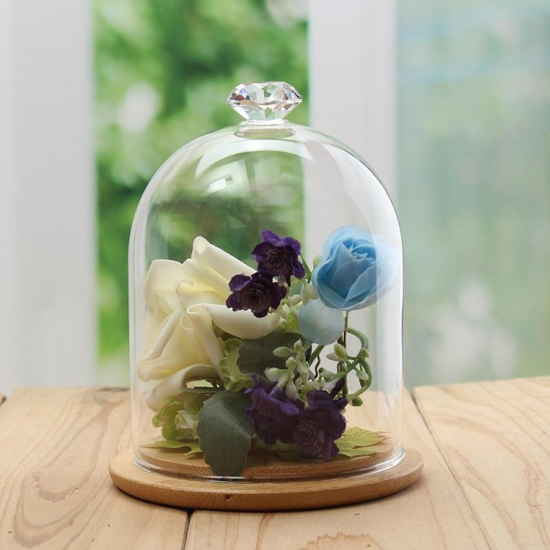 Glass Display Cloche Bell Jar Dome Flower Immortal Preservation With Wooden Base