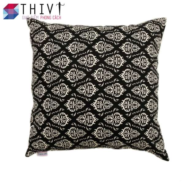 Gối Sofa Vuông Họa Tiết Sang Trọng 07 THIVI (Đen - Hoa Văn Trắng)