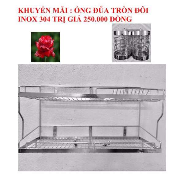 Kệ chén đĩa 2 tầng inox 304 (28x80) tặng ống đũa tròn đôi