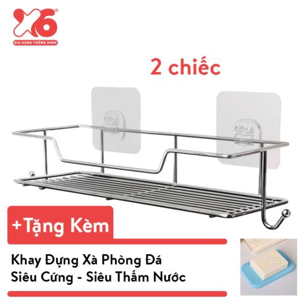 Kệ Đựng Đồ Phòng Tắm Thép Không Gỉ X6 (2 Chiếc) + Tặng Kèm Khay Đựng Xà Phòng Nhà Tắm Đá Siêu Cứng Siêu Thấm X6