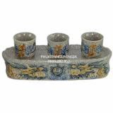 Kỷ 3 chén sứ Bát Tràng - Rồng đắp nổi - men rạn cổ