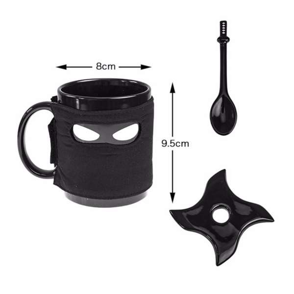 Ly sứ Ninja (Black mug with samurai spoon and ninja star coaster)