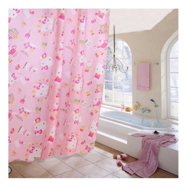 Màn Treo Nhà Tắm Satin Loại Dày ( 1m8x2m)-mèo hồng