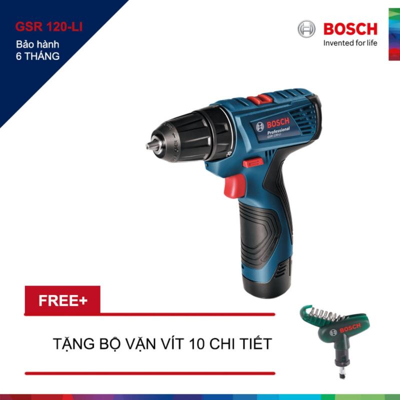 Máy khoan vặn vít dùng pin GSR 120 LI (Xanh) + Tặng bộ mũi vặn vít 10 chi tiết Bosch