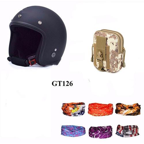 Mũ bảo hiểm 3/4 + Túi đeo hông + Khăn phượt (Đen)