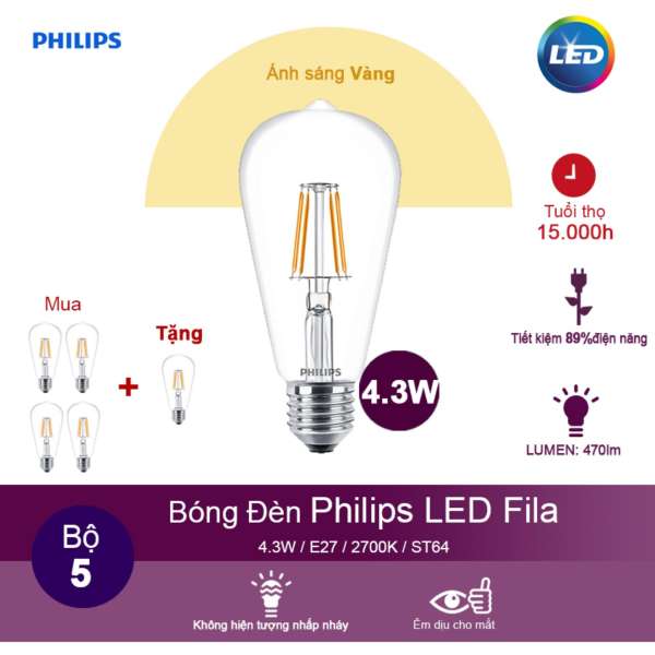 (Mua 4 tặng 1) Bóng đèn Philips LED Fila 4.3W 2700K đuôi E27 ST64 - Ánh sáng vàng